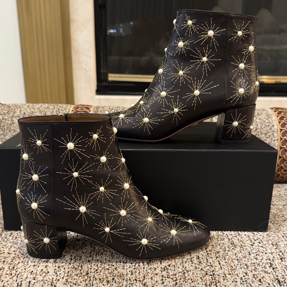 Aquazzura Black Ankle Boots with Pearl and Gold Embellishments